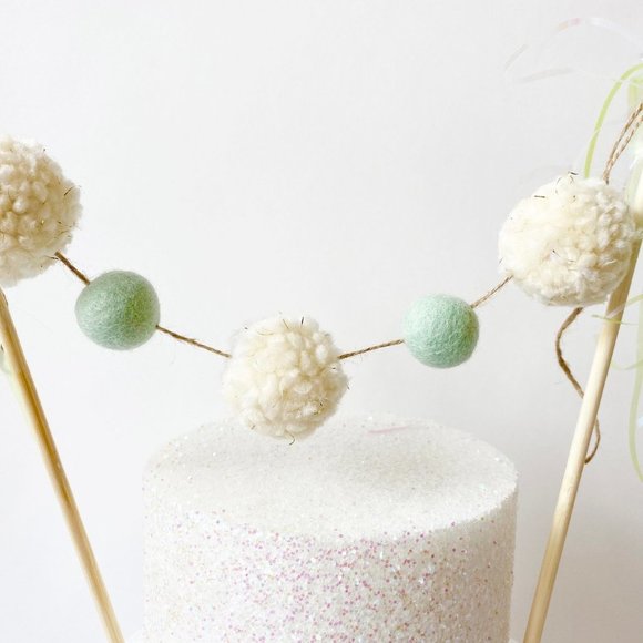 Pastel Green Pom Pom Felt Ball Cake Topper, Birthday Cake Topper Gender Neutral - Picture 3 of 5